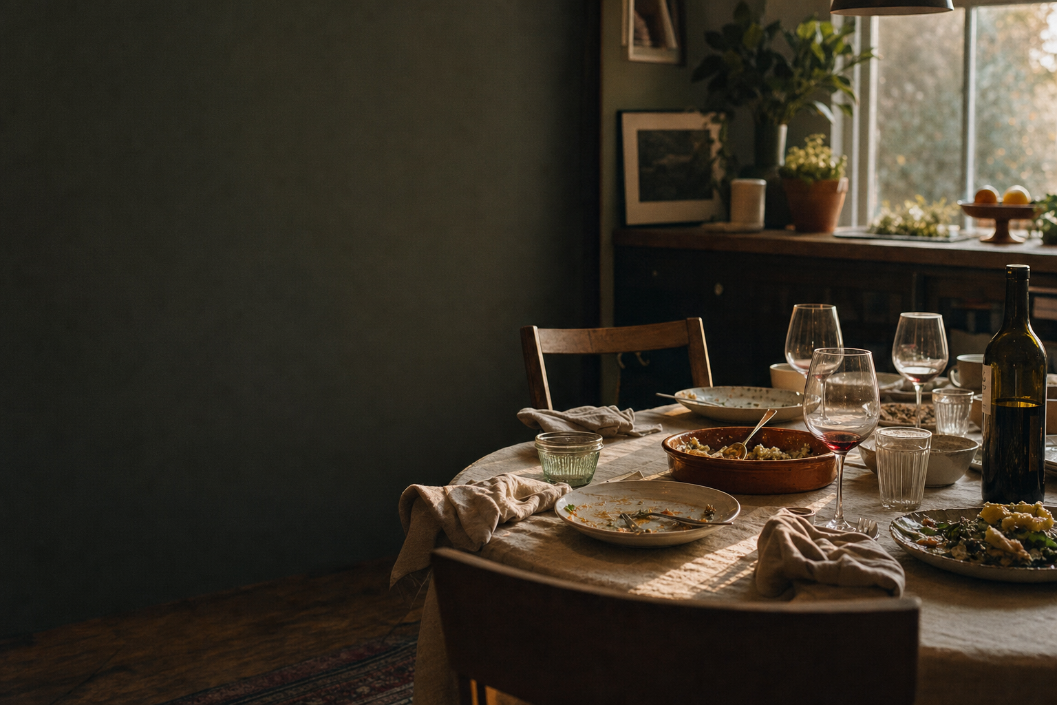 A family dinner table near the end of the meal in a contemporary home, warm early-evening light