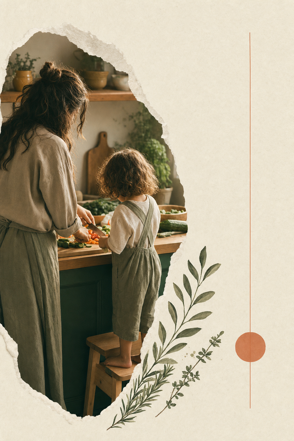 A parent and child cooking together at a kitchen counter